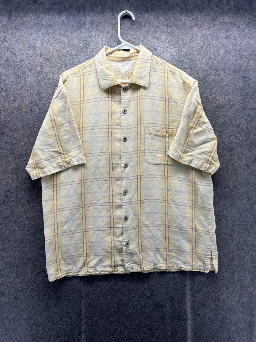 Tommy Bahama Shirt Men Large Yellow Plaid Silk Short Sleeve Button Up Casual